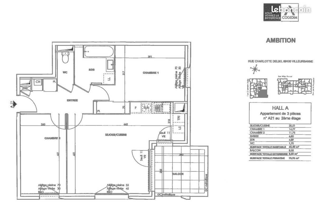 Appartement 3 pièces 65 m² · à Villeurbanne · 65 m² · 947 €/mois