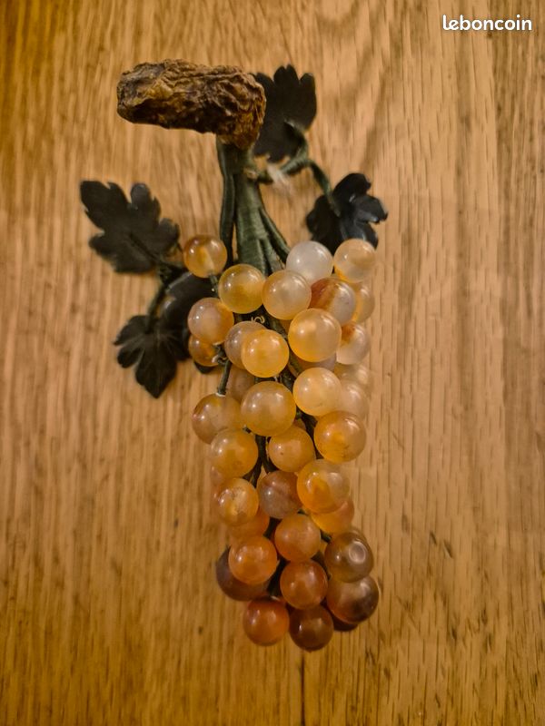 Grappe De Raisins Vintage En Albâtre MCM - Tige En Bois, Longueur 10 Pouces, Déco Milieu De Siècle