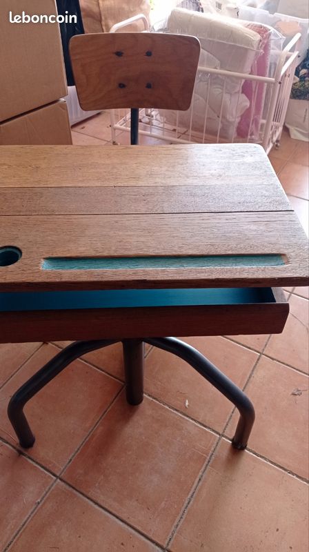 Bureau école vintage bois et métal avec chaise (image 3)
