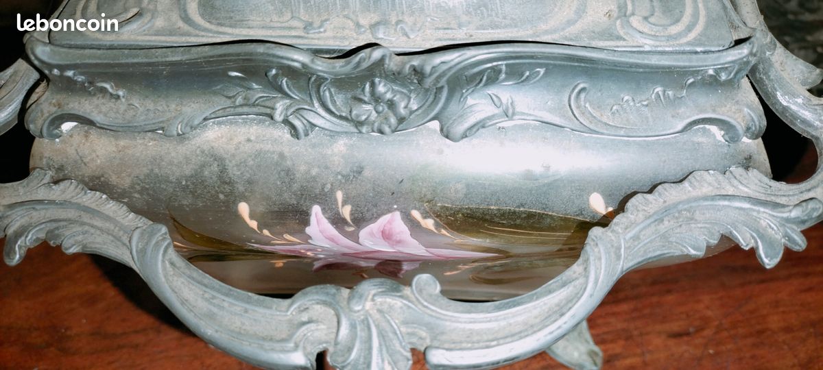 Magnifique Seau à biscuits en verre émaillé Legras pot rectangle monture Rocaille Louis XV / rare forme tombeau collection objet vitrine (image 17)