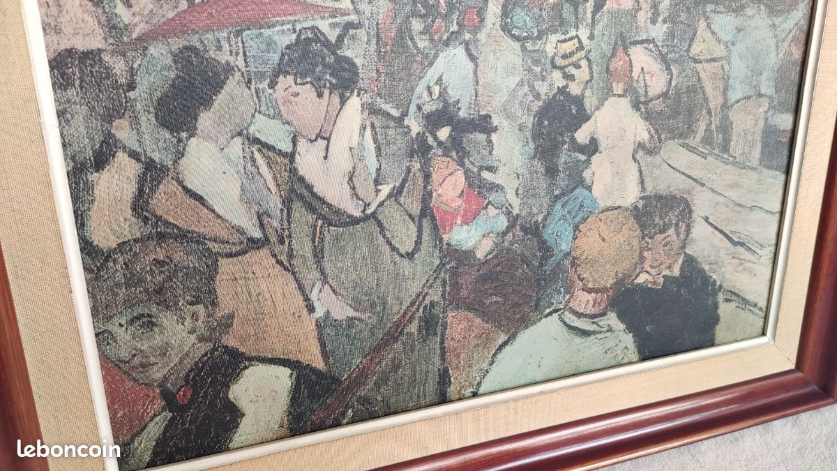 Tableau / toile / peinture reproduction Le Cirque de Georges Seurat post-impressionnisme pointillisme avec cadre en bois massif acajou TBE (image 3)