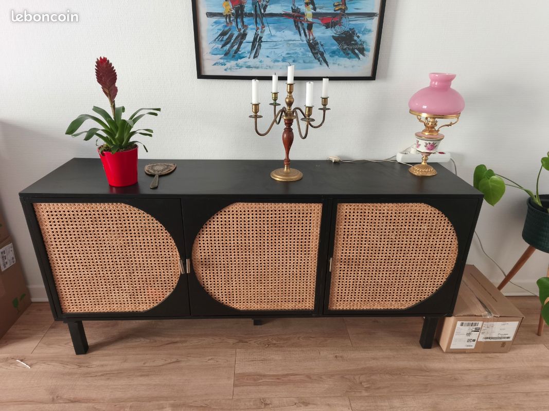 Buffet enfilade noir cannage rotin 160x40x75,5cm (image 1)