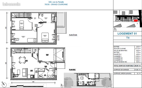 Maison T5 moderne avec jardin – 4 chambres – 89 m² habitables à Grand-Couronne