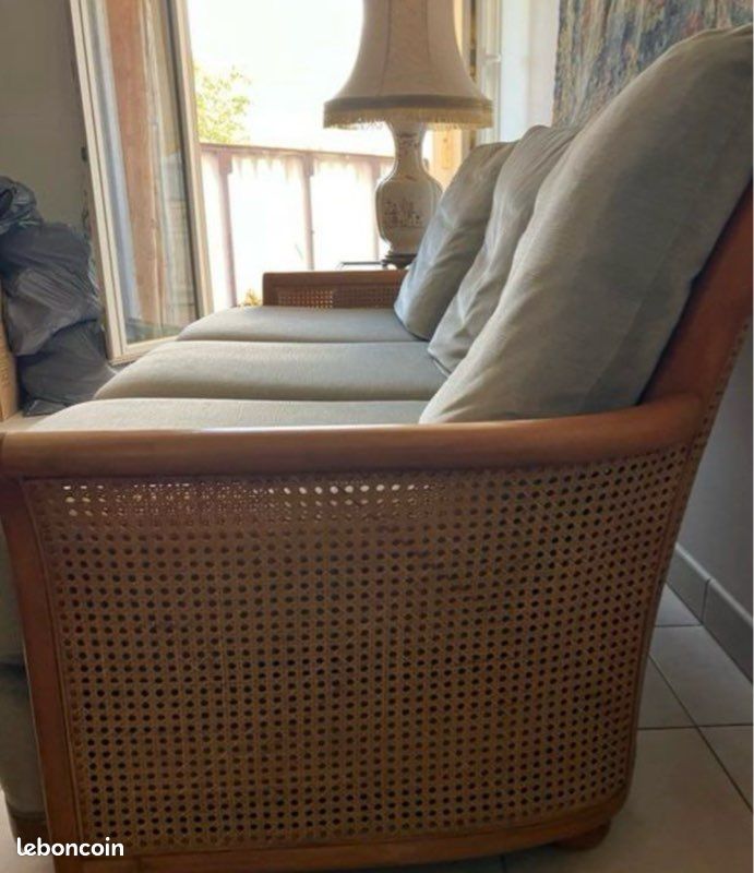 Canapé vintage Roche Bobois 3 places bois cannage velours vert amande (image 3)