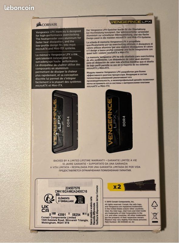 Kits de mémoire VENGEANCE® LPX 16 Go (2 x 8 Go) DDR4 DRAM 2400MHz C16 - Noir (image 3)
