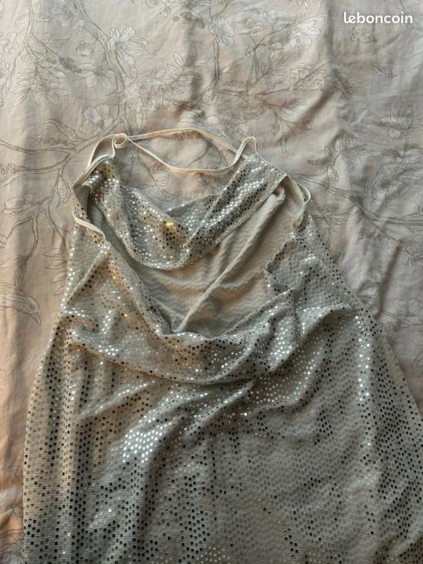 Robe Courte Grise Satin H&M - Taille 6, Dos Noué, Manches 3/4 - Portée Une Fois, Très Bon état