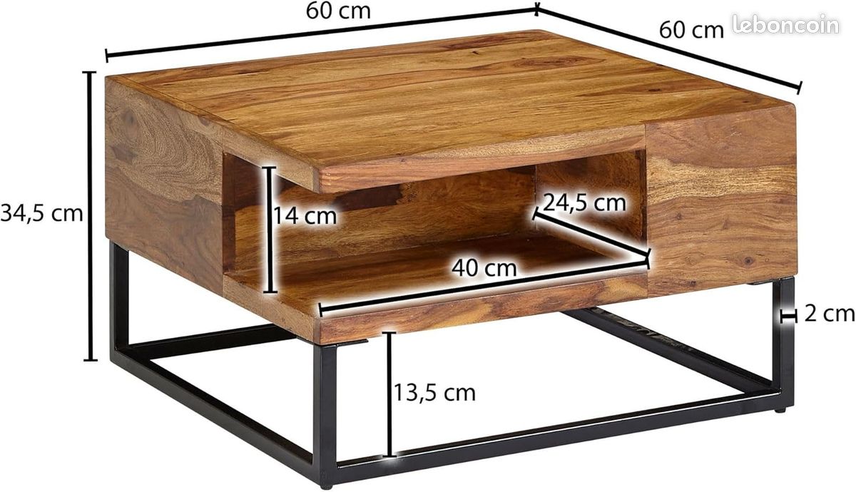 Table Basse Artisanale en Bois de Sheesham Massif – 60x60 cm – Design Industriel avec Compartiment de Rangement – Piétement Acier Noir (image 2)