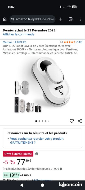 Robot Laveur De Vitres JUPPLIES 90W 5600Pa - Nettoyeur Automatique Fenêtres Avec Télécommande