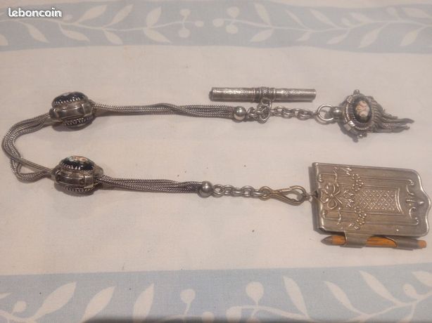 Chaîne De Montre à Gousset Ancienne - Argent Massif Filigrané - Chatelaine Française