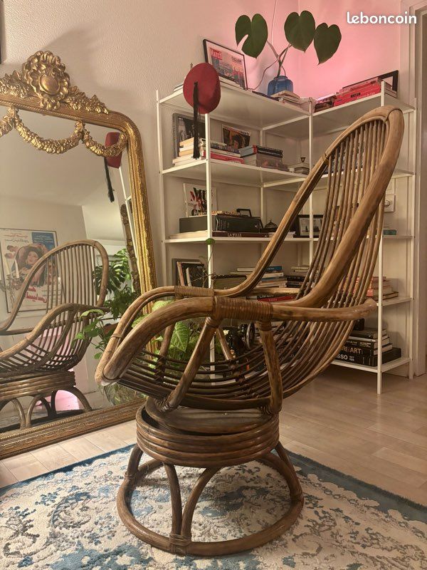 Superbe fauteuil pivotant vintage en rotin (Mannequin félin non inclus ) (image 3)