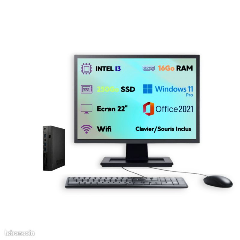 PC Mini Intel i3 W11 Pro SSD 250Go RAM 16Go Écran 22'' Office 2021 (image 1)