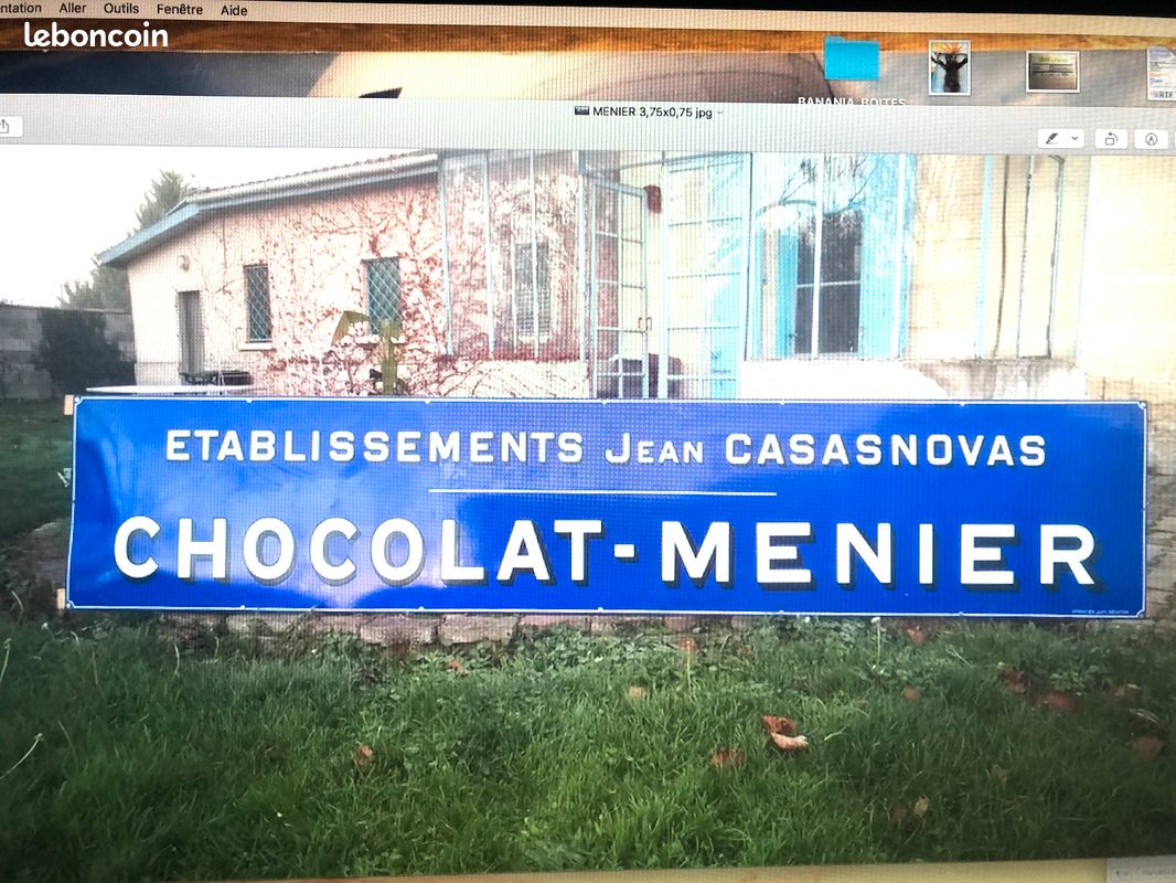 ANCIENNE GRANDE PLAQUE Emaillée Publicité Chocolat Menier Bleue Et