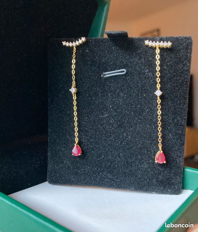 Boucles D'Oreilles Vintage Années 30 - Cristal Rouge Rubis, Argent Sterling 925, Fermoir Dormeuse