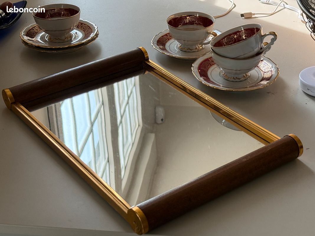 Ancien Plateau Miroir Avec Poignée Bois – Vintage, Déco Collection
