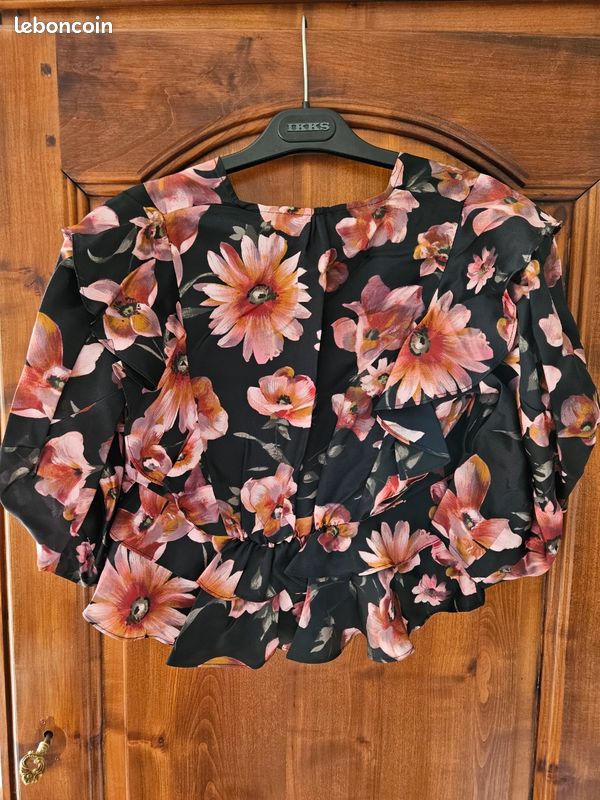 Chemisier The Kooples Fleuri Noir Et Rouge - Col V - Taille 34/XS - Occasion Très Bon état