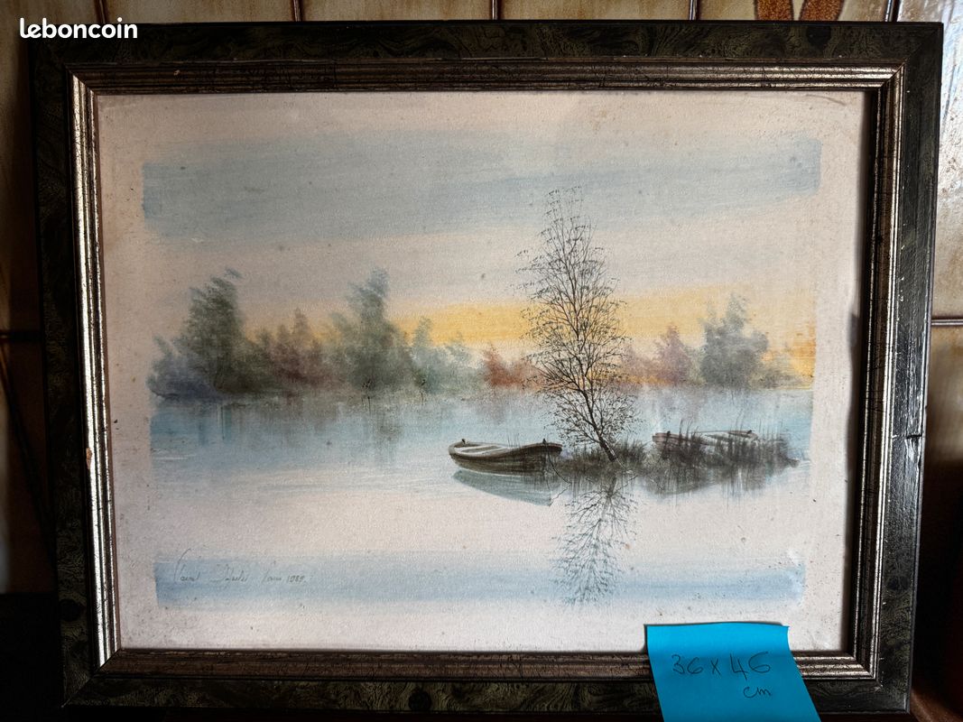 Tableau aquarelle vintage "Barque sur le lac" signé et daté Paris 1989 - 36x46 cm (image 2)