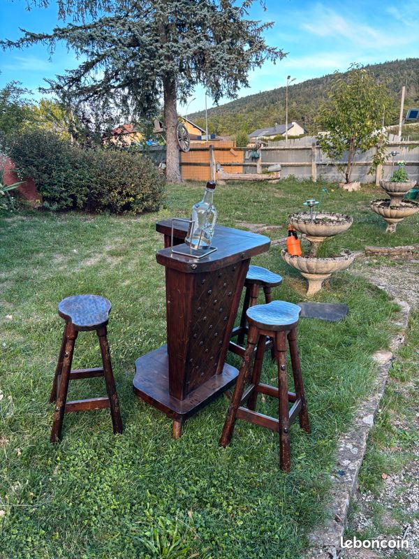🪵 Bar en bois massif + 4 tabourets – style rustique / chalet (image 1)