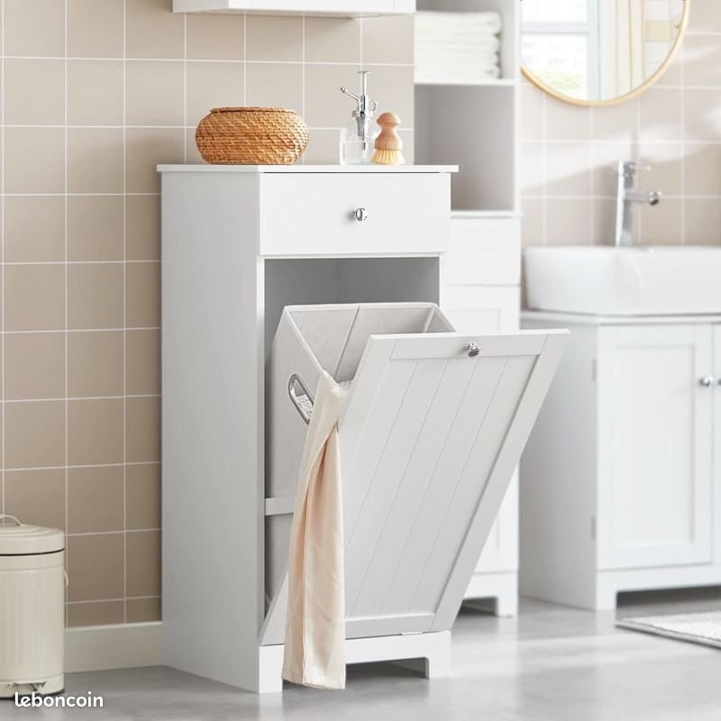 Meuble à Linge 45L CATAVANA - Armoire 2 Compartiments Avec Paniers Amovibles - Blanc