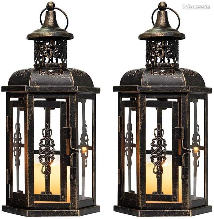 JHY DESIGN Set de 2 lanternes décoratives-25cm Haute Lanterne Suspendue de Style Vintage, bougeoir en métal pour intérieur extérieur, événements, fêtes et Mariages (Noir avec Pinceau doré) (image 2)