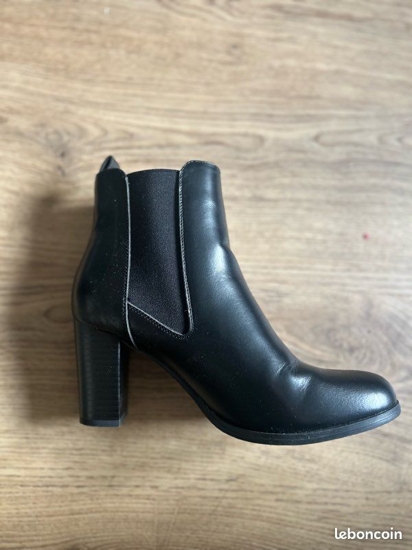 Bottines Noires Femme Taille 38 - Cuir Imitation, Talon Bas, Très Bon état (occasion)