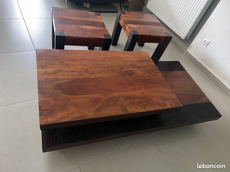 Ensemble table basse bout de canapé bois et chiffons (image 2)