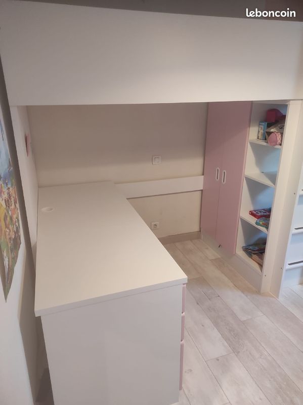 Lit mezzanine, blanc rose pâle/avec bureau ikea avec matelas (image 1)