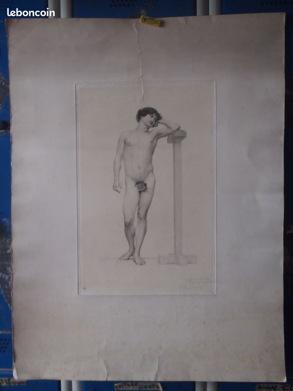 Ancienne grande gravure 1894 homme nu signee lucien penat et dedicacee FAIRE OFFRE (image 5)