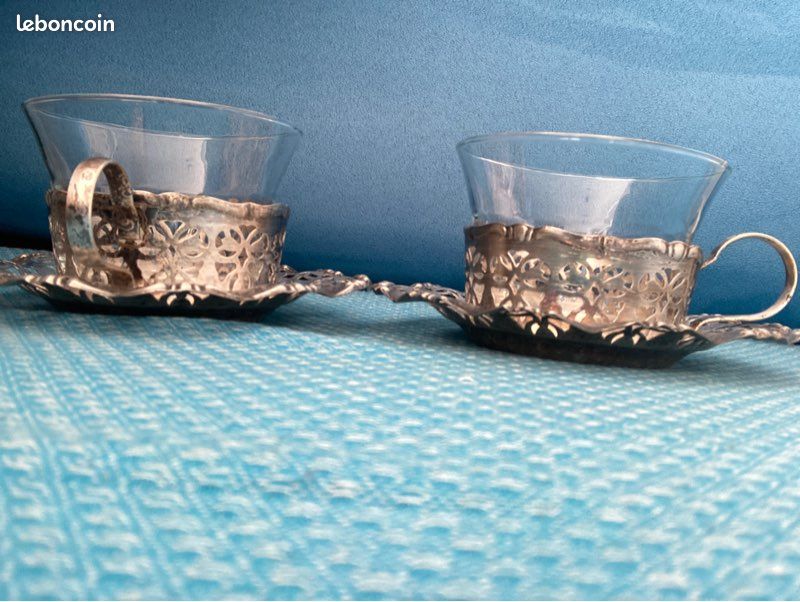 Duo à Thé/café Métal Argenté Avec Soucoupe Et Verre (Occasion)