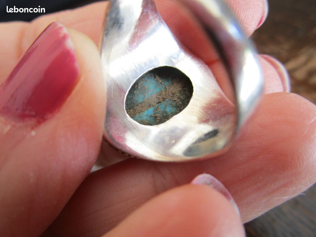 Bague Vintage En Argent Massif Avec Turquoise - Taille T61, Occasion