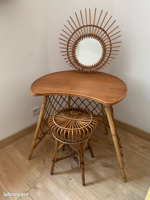 Coiffeuse antiquaire forme soleil très jolie bois/osier assorti d'un tabouret en osier (image 1)