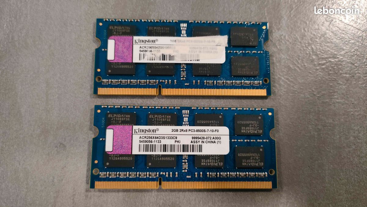 4Go (2x2Go) Ram DDR3 - Kingston - 1066Mhz - SODIMM PC3-8500S-7-10-F0 - ACR256X64D3S1333C9 (image 1)