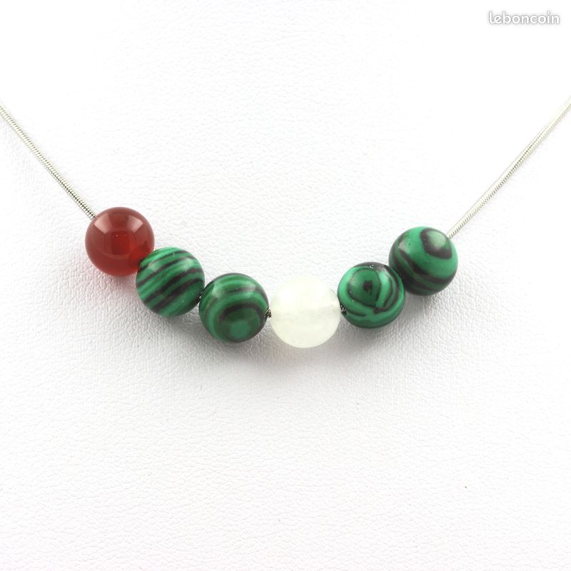 Collier perles Pierre de Lune + Agate rouge + Malachite 8 mm chaine en acier inoxydable (image 1)