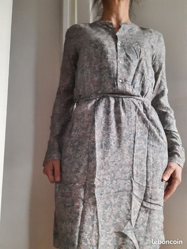 Robe D'Été Midi Vintage Gris-Bleu - Taille XS (34/36) - Sans Manches, Viscose Légère