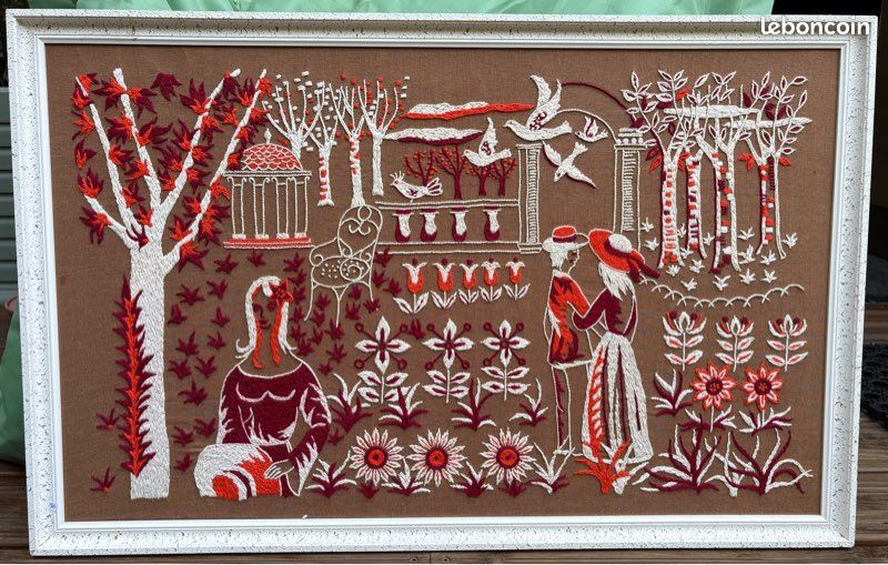 Grand Canevas Vintage Brodé Main - vintage.Scène Romantique - 85,5 x 45 cm (image 1)