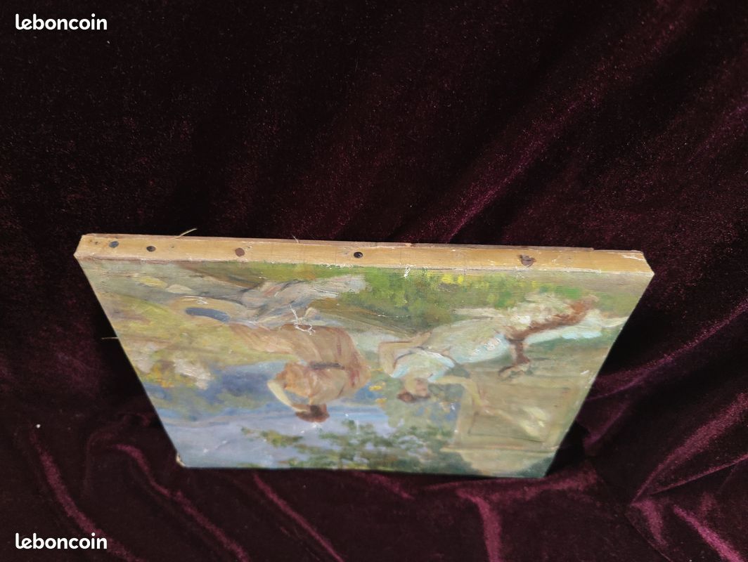Petit Tableau Ancien Peinture Huile HST Ecole de Barbizon Paysage Campagne Scene de Genre Elegante Art Nouveau Belle Epoque Annee Folle Esquisse Pochade Chevre Chien Animal Animaux XIX 19 XX 20 (image 10)