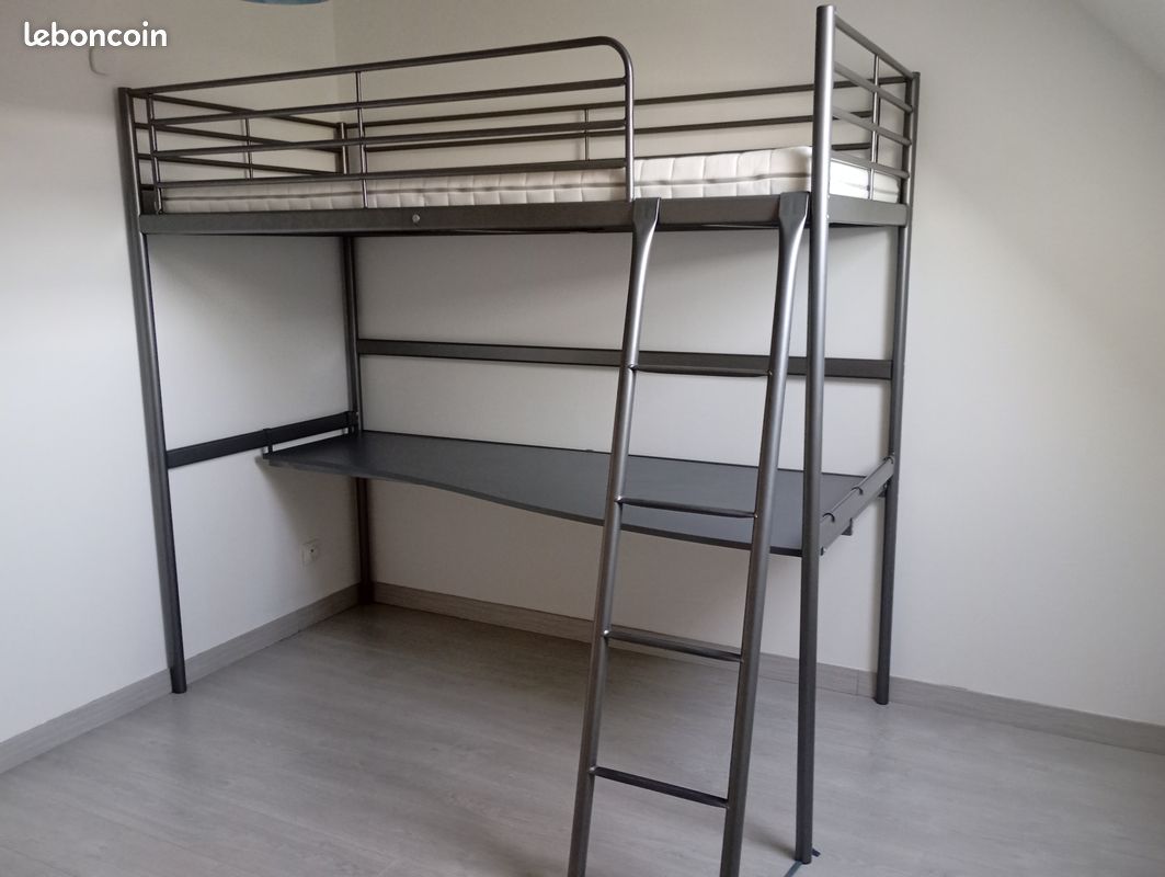 Lit mezzanine GEDEON II - 90 x 190 cm - Avec bureau - Pin massif - Blanchi