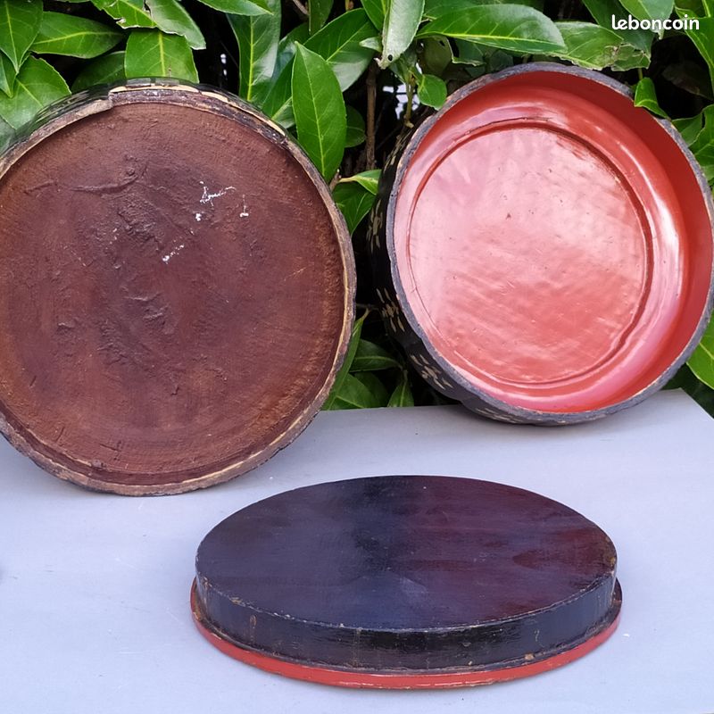 Ancienne boîte ronde Chine en bois laqué noir décor de Nacre (image 10)