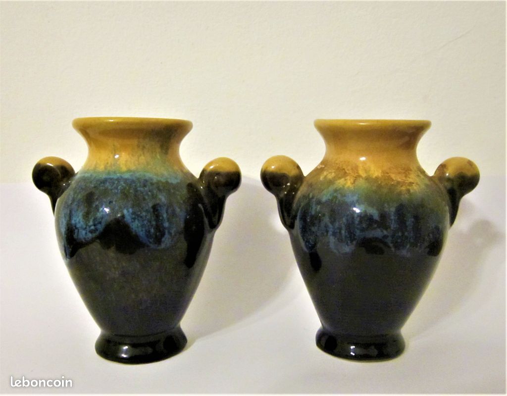 2 petits VASES en duo céramique brillante flammée H : 8,7 cm TBE Vintage (image 4)