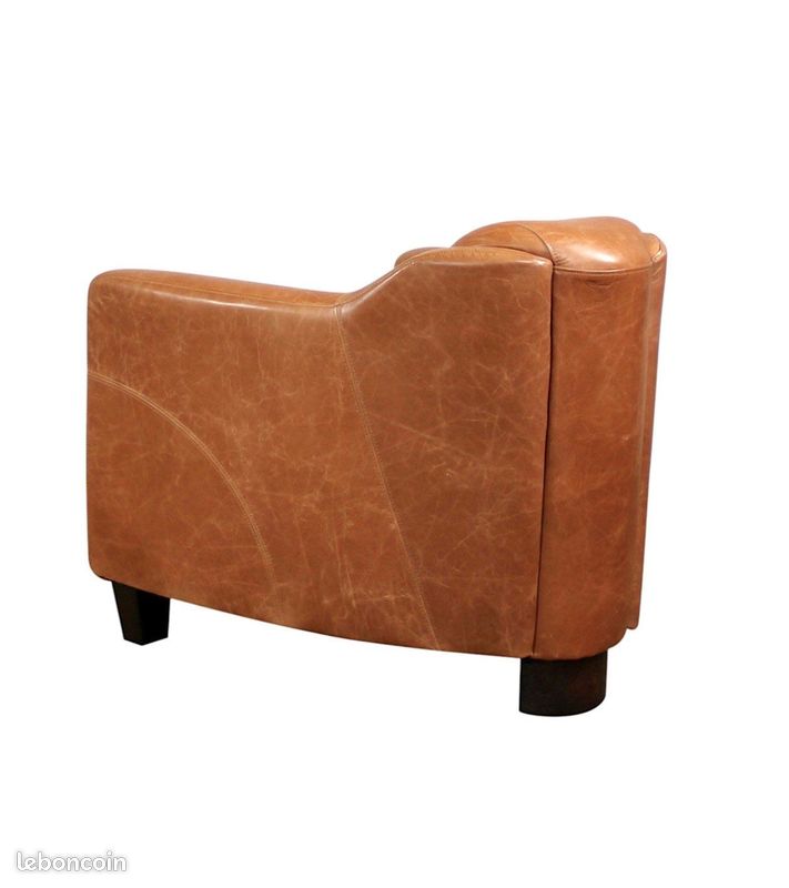 Fauteuil club cuir pleine fleur marron camel vintage – Adam (image 4)