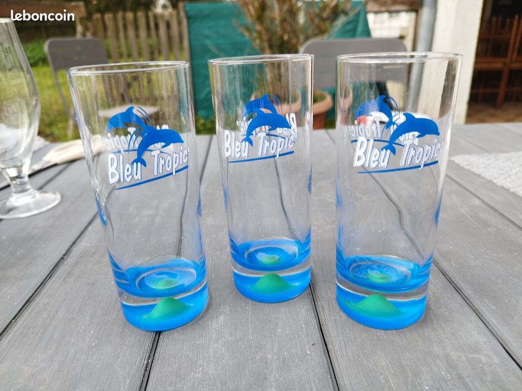 Lot De 5 Verres Vintage Tropico - Années 80 - Transparents, Marqué Bleu, Gros Pied à Bulle - France
