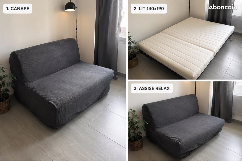 Canapé BZ IKEA LYCKSELE LÖVÅS 140 × 190 cm avec housse grise (image 1)