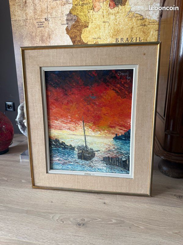 Tableau huile sur toile – Paysage marin, barque & ciel rouge – Signé (image 1)