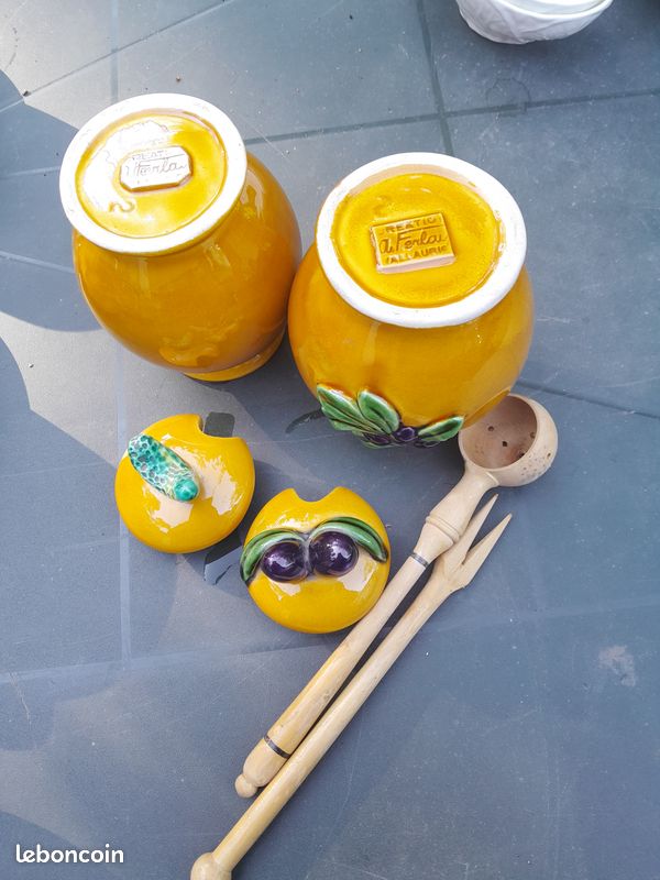 Set Salière, Poivrière Et Moutardier Vallauris Signé A. Ferlay - Céramique Moines - Vintage