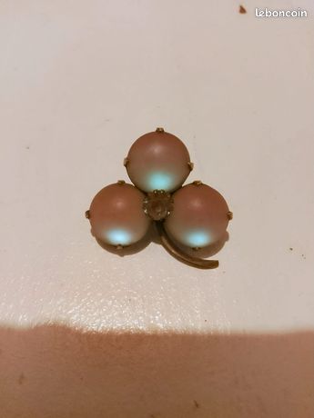 Broche Vintage Trèfle Porte-bonheur - Cristal Et Perle, Petite Taille, Occasion, Référence *5125