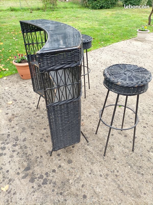 Bar vintage osier tressé avec 2 tabourets (image 4)