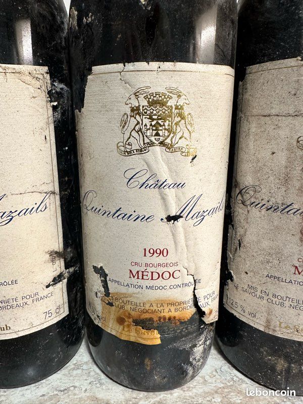 Lot de 4 Château QUINTAINE MAZAILS 1990 Cru Bourgeois / MÉDOC Étiquettes très abîmées (image 2)