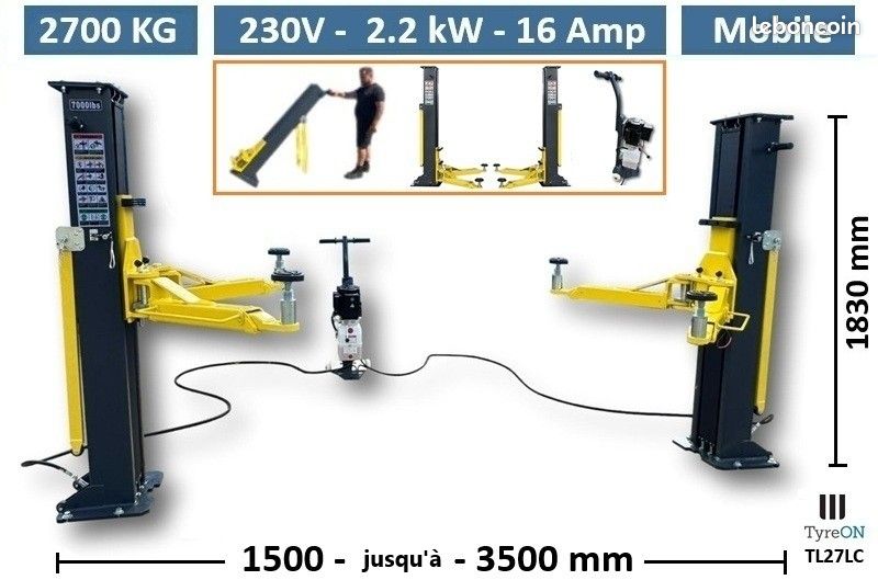 Pont élévateur 2 colonnes mobile, capacité 2700 kg - 220V - Hauteur de levage 140 cm – Facile à (dé)monter (image 2)