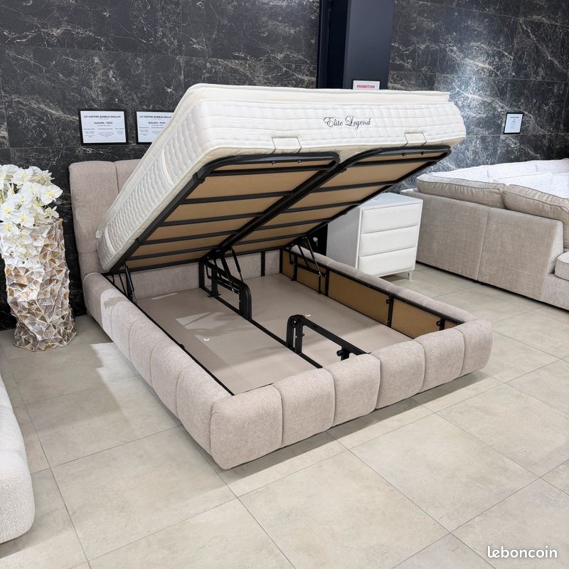 Lit coffre BUBBLE Dallas beige tissus chenille 160x200 avec sommier intégré et matelas en option 140x190 180x200 90x190 (image 2)