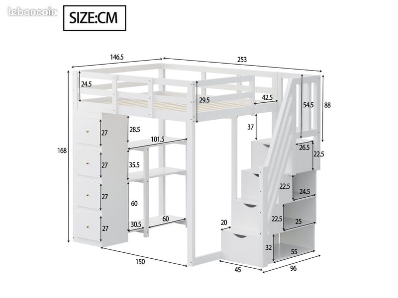 LIT MEZZANINE EN BOIS BLANC 140 x 200 cm (image 3)