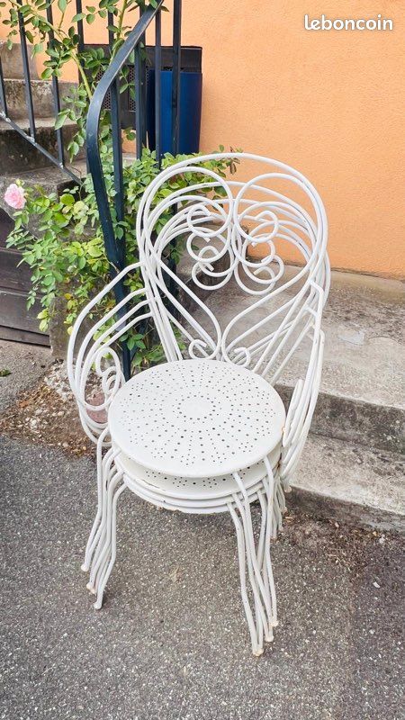 Lot de 4 fauteuils de jardin en métal blanc – Style vintage (image 3)